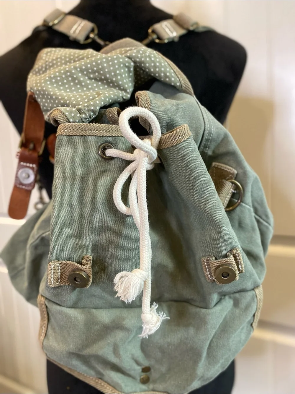 American Eagle Outfitters Sage Green Canvas Backpack with Brown Trim